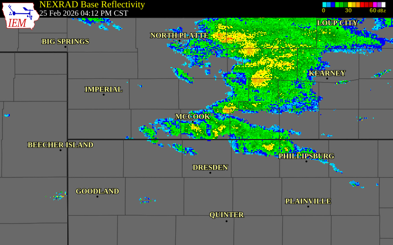 NEXRAD radar during the Wednesday, February 25, 2026 storm activity in Red Willow County, Nebraska