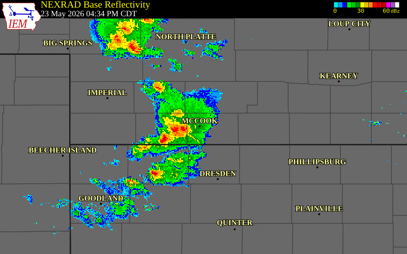 NEXRAD radar during the Saturday, May 23, 2026 storm activity in Red Willow County, Nebraska