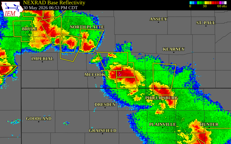 NEXRAD radar during the Saturday, May 30, 2026 storm activity in Red Willow County, Nebraska