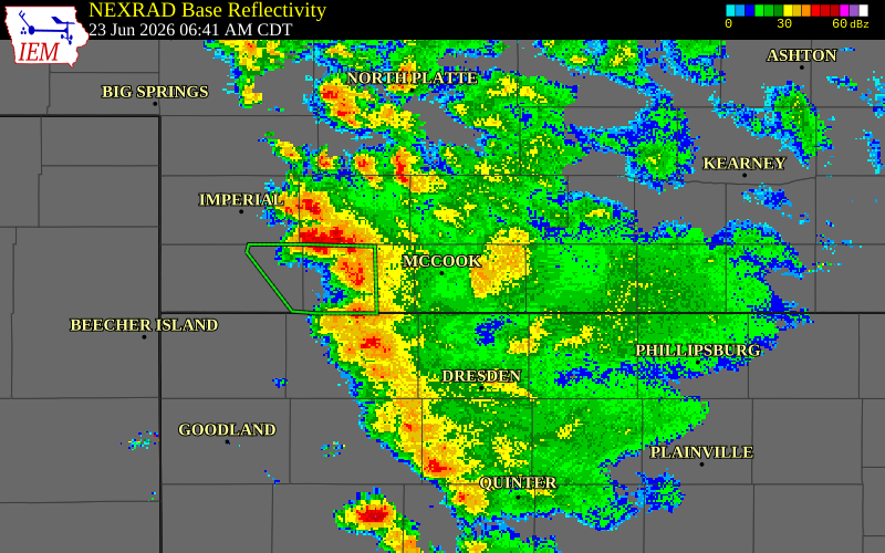 NEXRAD radar during the Tuesday, June 23, 2026 storm activity in Red Willow County, Nebraska