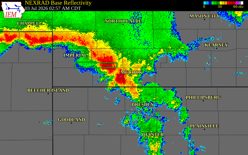 NEXRAD radar during the Friday, July 3, 2026 storm activity in Red Willow County, Nebraska