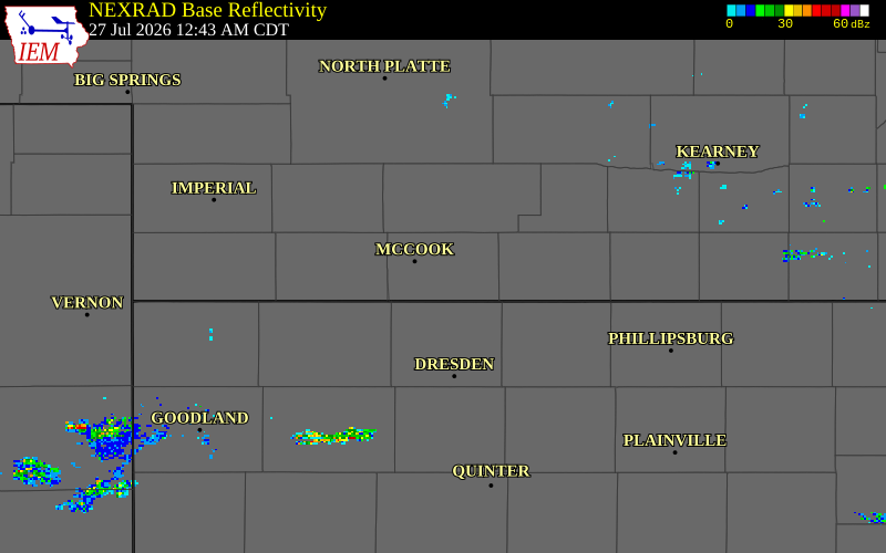 NEXRAD radar during the Monday, July 27, 2026 storm activity in Red Willow County, Nebraska