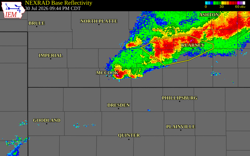 NEXRAD radar during the Thursday, July 30, 2026 storm activity in Red Willow County, Nebraska