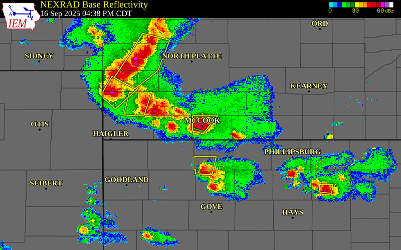 Radar snapshot during the Sep 16, 2025 hail event near 2 NW Mccook, Red Willow County, Nebraska, with NWS warning polygons