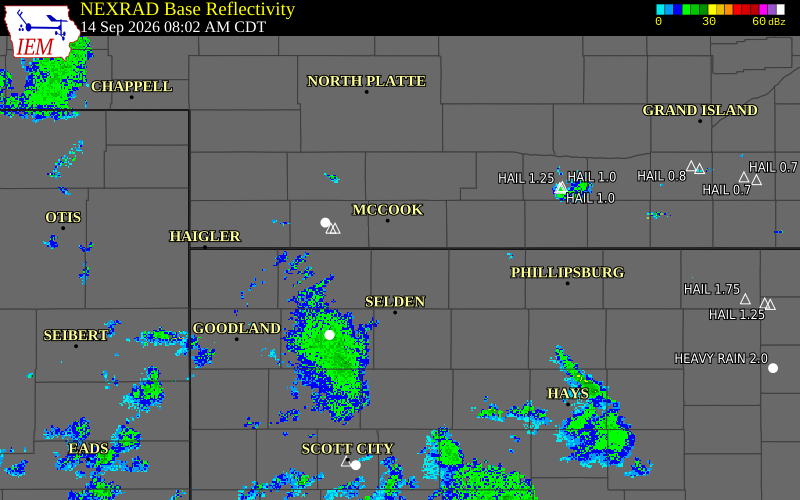 Current NEXRAD radar over Red Willow County, Nebraska with recent storm report locations