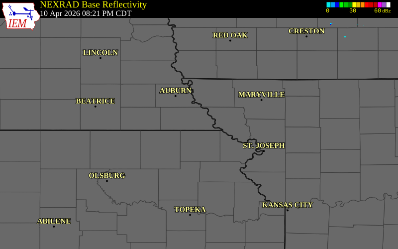 NEXRAD radar during the Friday, April 10, 2026 storm activity in Richardson County, Nebraska