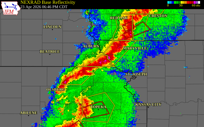 NEXRAD radar during the Thursday, April 23, 2026 storm activity in Richardson County, Nebraska