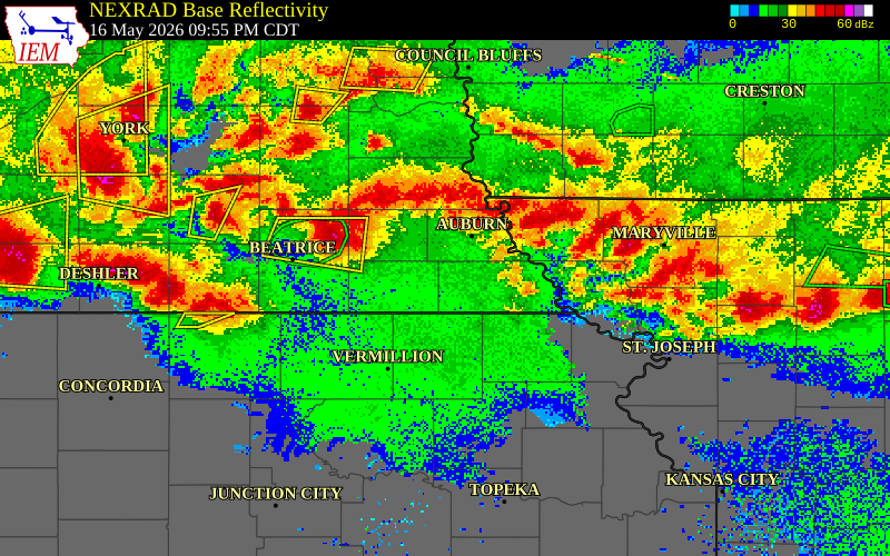 NEXRAD radar during the Saturday, May 16, 2026 storm activity in Richardson County, Nebraska