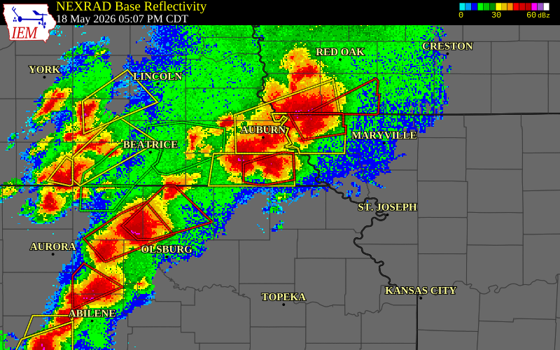 NEXRAD radar during the Monday, May 18, 2026 storm activity in Richardson County, Nebraska