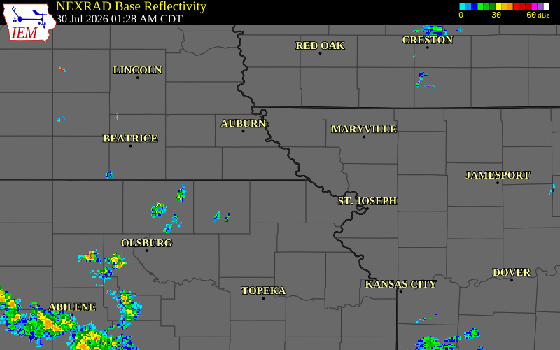 NEXRAD radar during the Thursday, July 30, 2026 storm activity in Richardson County, Nebraska