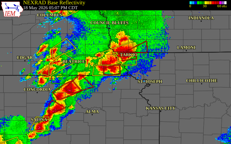 Radar snapshot during the May 18, 2026 tornado event near 1 NE Salem, Richardson County, Nebraska, with NWS warning polygons