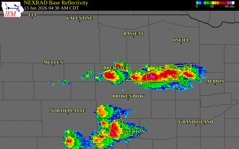 NEXRAD radar during the Saturday, June 13, 2026 storm activity in Rock County, Nebraska