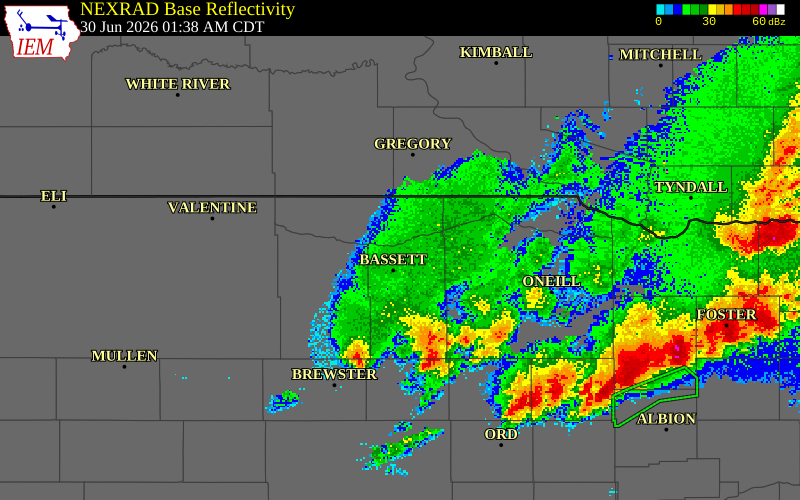 NEXRAD radar during the Tuesday, June 30, 2026 storm activity in Rock County, Nebraska