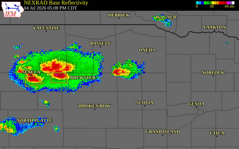 NEXRAD radar during the Saturday, July 4, 2026 storm activity in Rock County, Nebraska