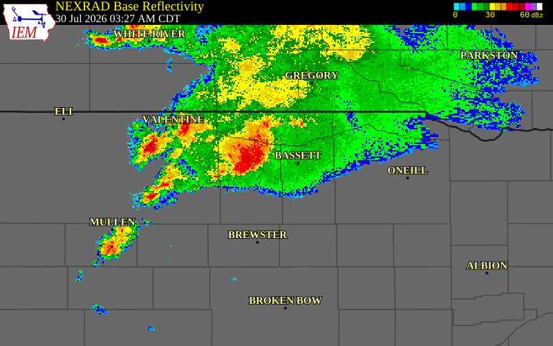 NEXRAD radar during the Thursday, July 30, 2026 storm activity in Rock County, Nebraska
