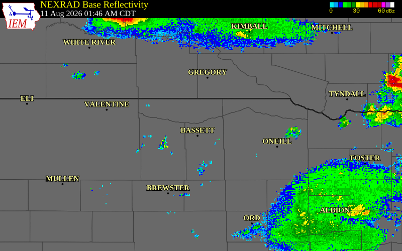 NEXRAD radar during the Tuesday, August 11, 2026 storm activity in Rock County, Nebraska