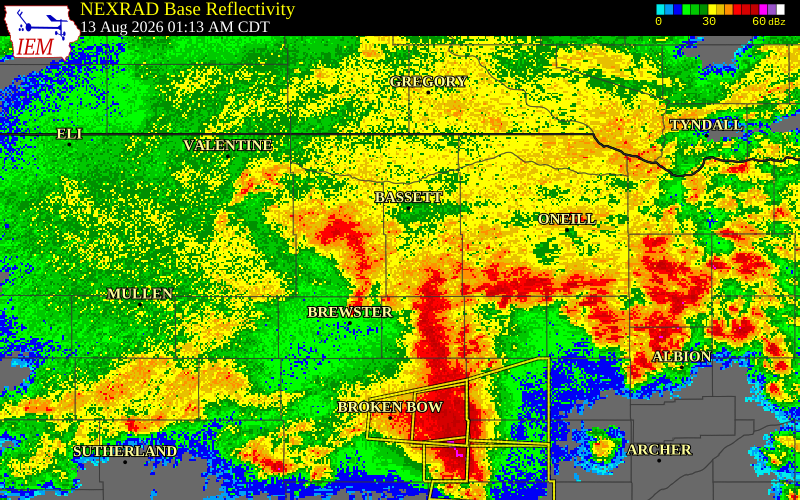 NEXRAD radar during the Thursday, August 13, 2026 storm activity in Rock County, Nebraska