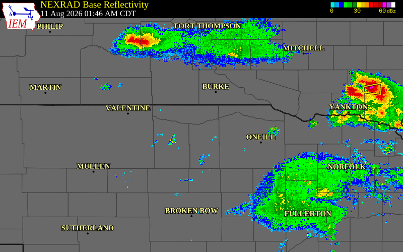 Radar snapshot during the Aug 11, 2026 wind event near 9 NNE Bassett, Rock County, Nebraska, with NWS warning polygons
