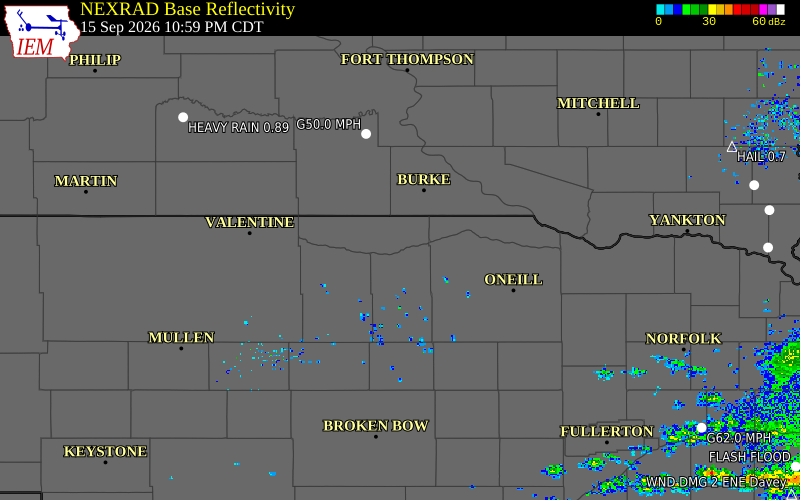 Current NEXRAD radar over Rock County, Nebraska with recent storm report locations