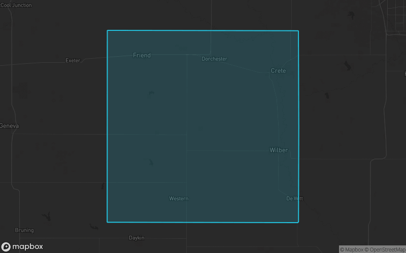 Map of Saline County, Nebraska showing the county boundary and surrounding cities