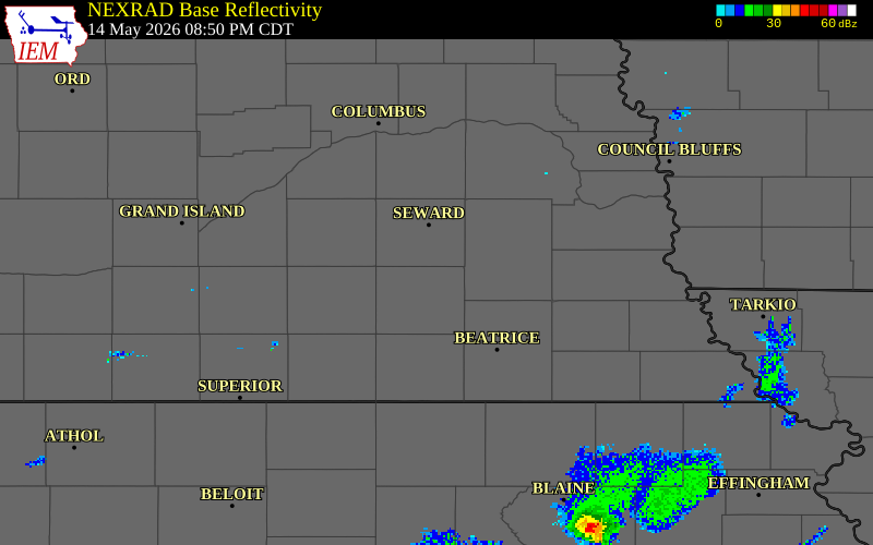 NEXRAD radar during the Thursday, May 14, 2026 storm activity in Saline County, Nebraska