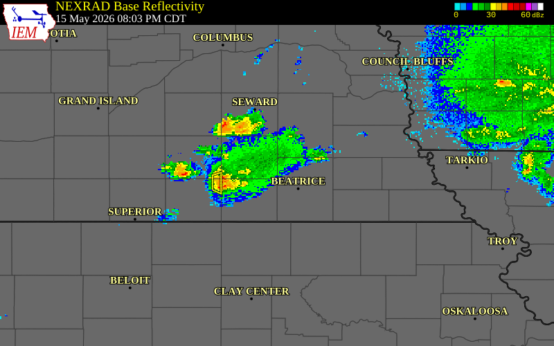 NEXRAD radar during the Friday, May 15, 2026 storm activity in Saline County, Nebraska