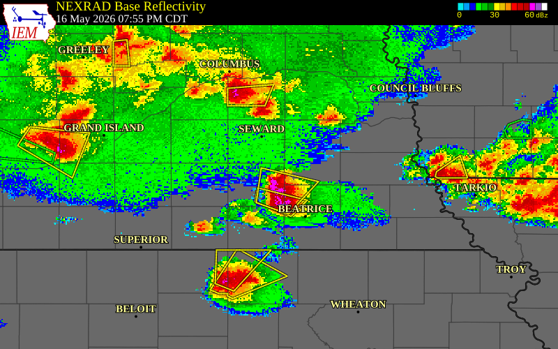 NEXRAD radar during the Saturday, May 16, 2026 storm activity in Saline County, Nebraska