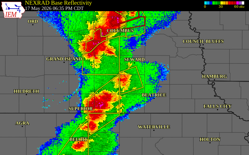 NEXRAD radar during the Sunday, May 17, 2026 storm activity in Saline County, Nebraska