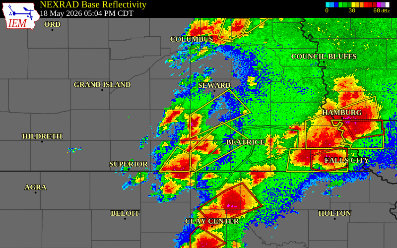 NEXRAD radar during the Monday, May 18, 2026 storm activity in Saline County, Nebraska