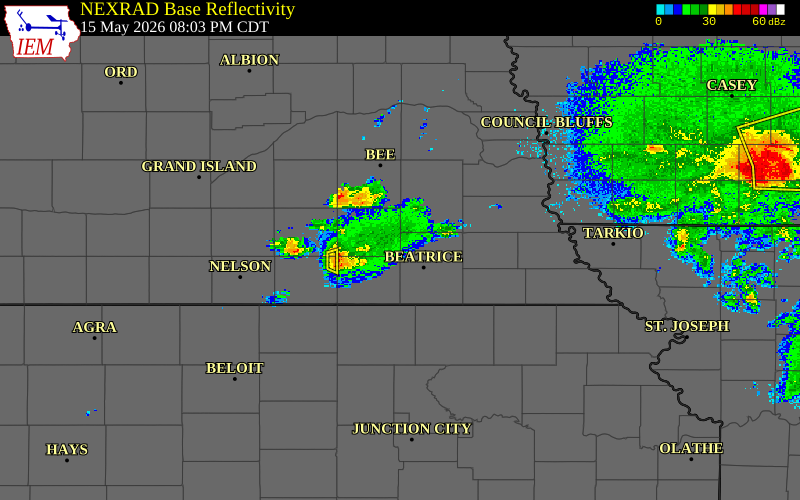 Radar snapshot during the May 15, 2026 hail event near De Witt, Saline County, Nebraska, with NWS warning polygons