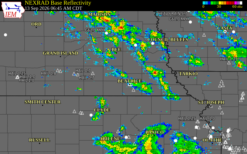 Current NEXRAD radar over Saline County, Nebraska with recent storm report locations