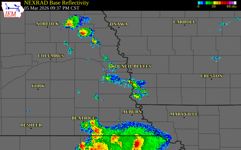 NEXRAD radar during the Thursday, March 5, 2026 storm activity in Sarpy County, Nebraska