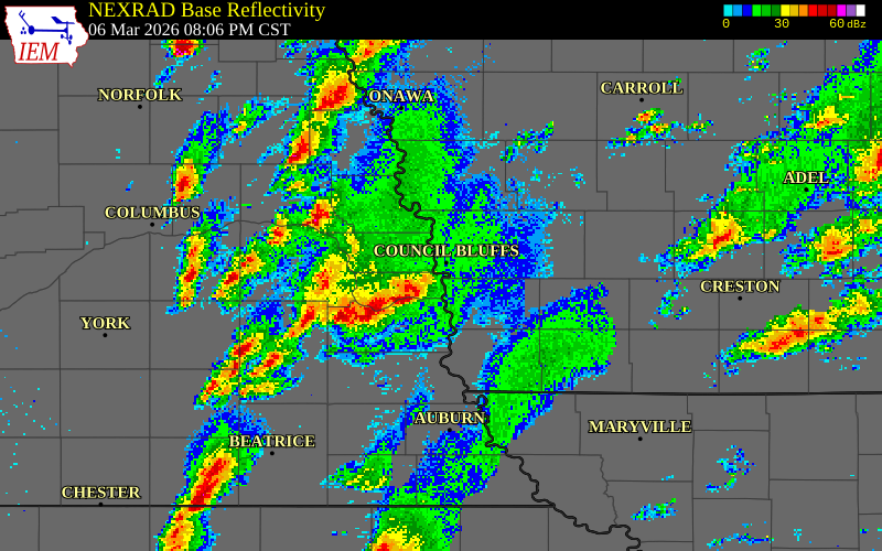 NEXRAD radar during the Friday, March 6, 2026 storm activity in Sarpy County, Nebraska
