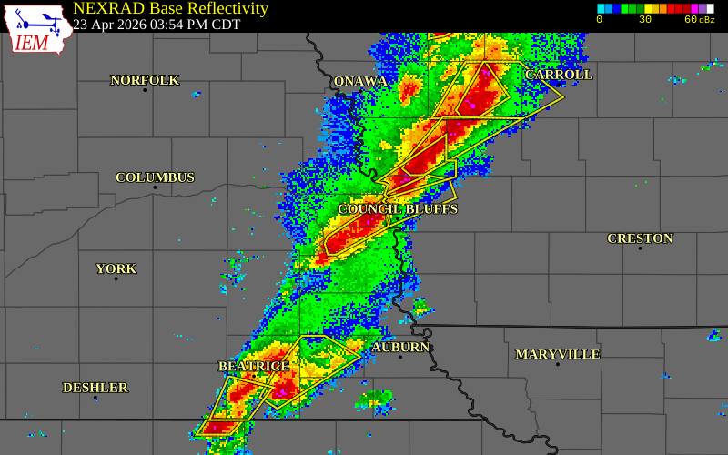 NEXRAD radar during the Thursday, April 23, 2026 storm activity in Sarpy County, Nebraska