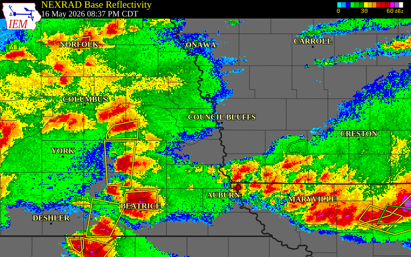 NEXRAD radar during the Saturday, May 16, 2026 storm activity in Sarpy County, Nebraska