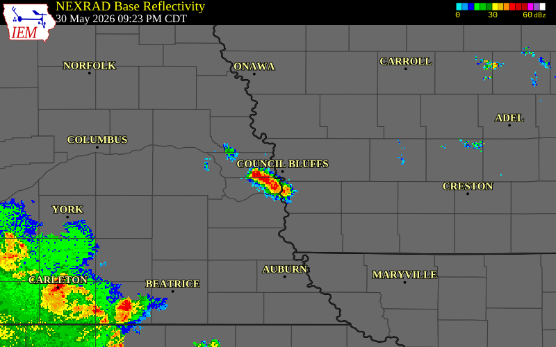 NEXRAD radar during the Saturday, May 30, 2026 storm activity in Sarpy County, Nebraska