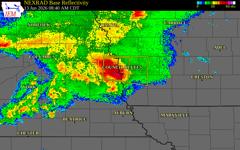 NEXRAD radar during the Saturday, June 13, 2026 storm activity in Sarpy County, Nebraska