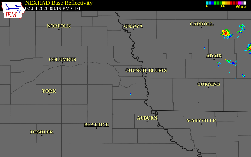 NEXRAD radar during the Thursday, July 2, 2026 storm activity in Sarpy County, Nebraska