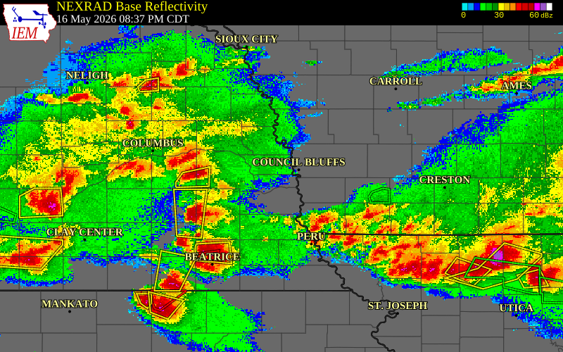 Radar snapshot during the May 16, 2026 wind event near La Vista, Sarpy County, Nebraska, with NWS warning polygons