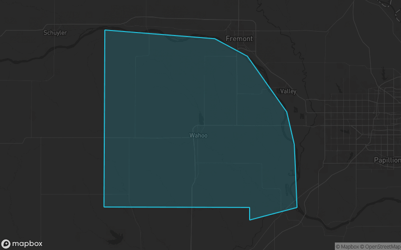 Map of Saunders County, Nebraska showing the county boundary and surrounding cities