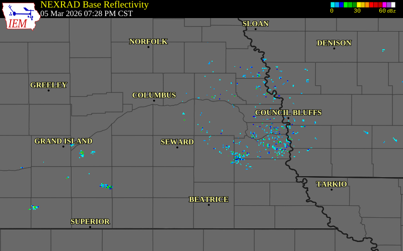 NEXRAD radar during the Thursday, March 5, 2026 storm activity in Saunders County, Nebraska