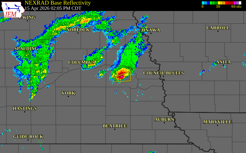 NEXRAD radar during the Wednesday, April 15, 2026 storm activity in Saunders County, Nebraska