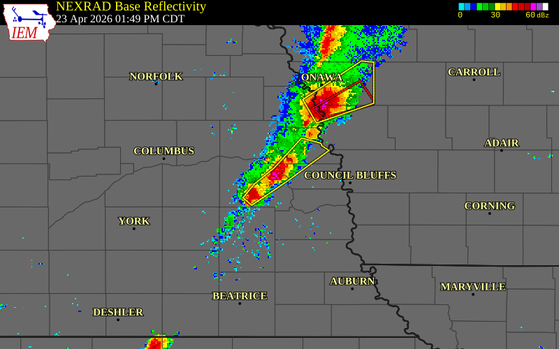NEXRAD radar during the Thursday, April 23, 2026 storm activity in Saunders County, Nebraska