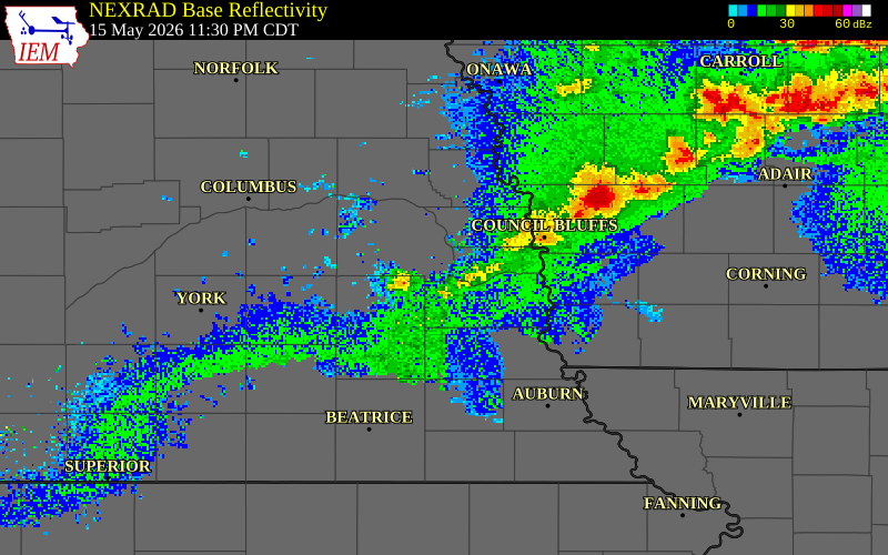 NEXRAD radar during the Friday, May 15, 2026 storm activity in Saunders County, Nebraska