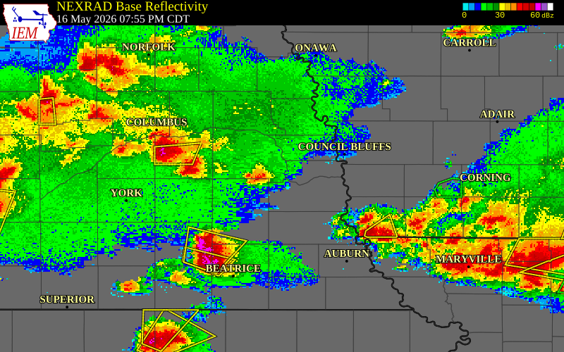 NEXRAD radar during the Saturday, May 16, 2026 storm activity in Saunders County, Nebraska