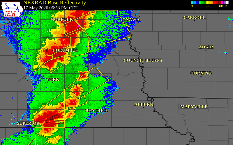 NEXRAD radar during the Sunday, May 17, 2026 storm activity in Saunders County, Nebraska