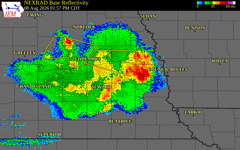 NEXRAD radar during the Saturday, August 8, 2026 storm activity in Saunders County, Nebraska