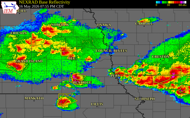 Radar snapshot during the May 16, 2026 tornado event near 2 NNE Ashland, Saunders County, Nebraska, with NWS warning polygons