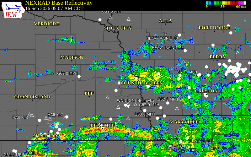 Current NEXRAD radar over Saunders County, Nebraska with recent storm report locations