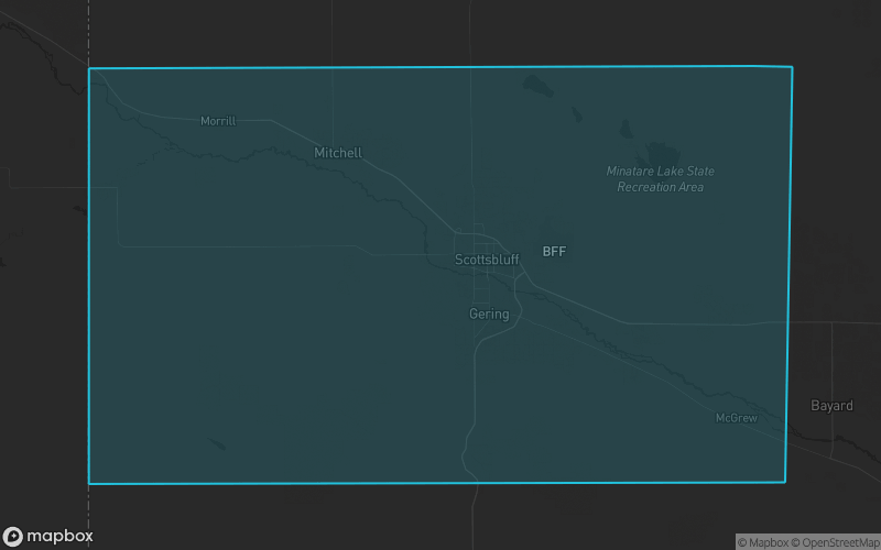 Map of Scotts Bluff County, Nebraska showing the county boundary and surrounding cities